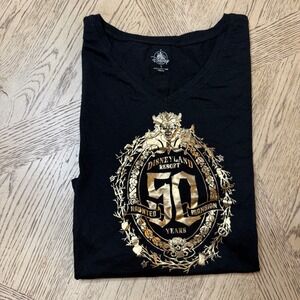 Disney Black V-Neck Tee with Metallic Gold Haunted Mansion 50th Emblem